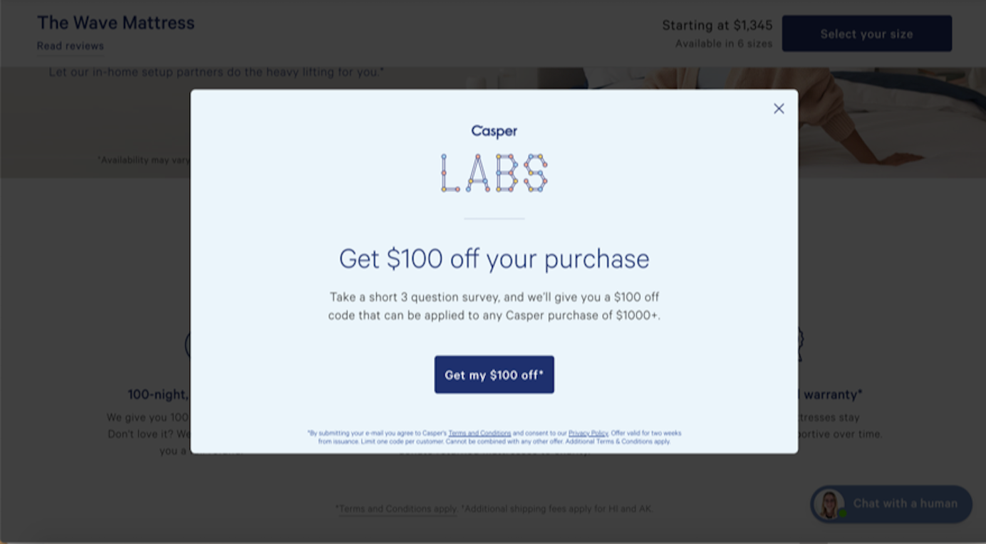Kullanıcıların kısa bir anket doldurarak indirim kazanmasını sağlayan Casper çıkış niyeti pop-up'ı