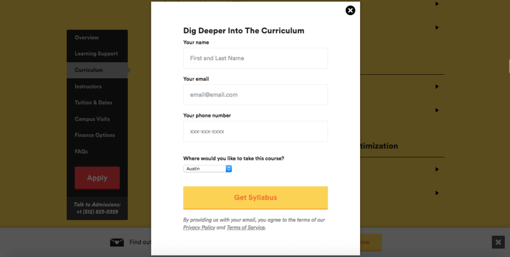 Dijital Pazarlama dersinin müfredatını sunan General Assembly çıkış niyeti pop-up örneği