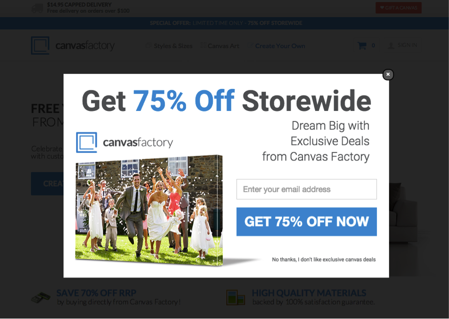 Ayrılan ziyaretçilere büyük ve çok cazip bir indirim sunan Canvas Factory çıkış niyeti pop-up örneği