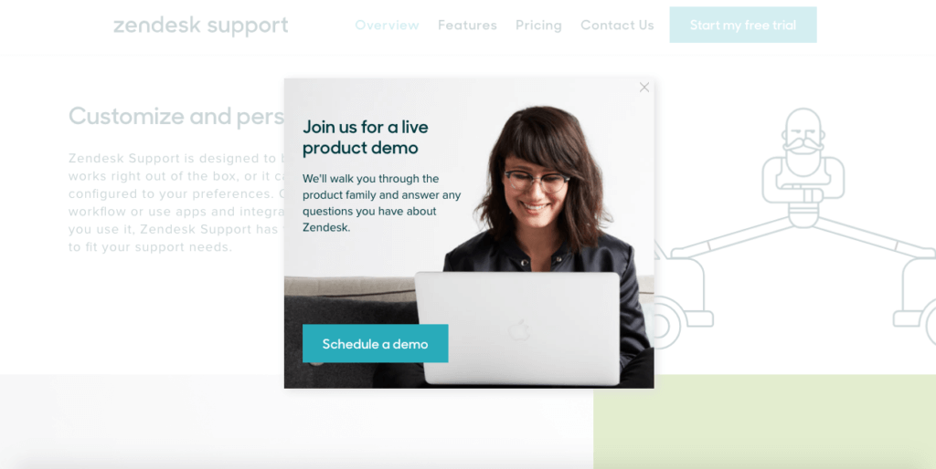 Demo talep etmeye çağıran Zendesk yazılımı çıkış niyeti pop-up'ı