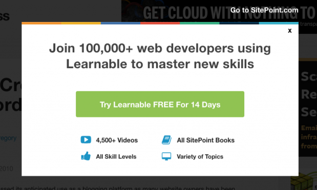 100.000'i aşkın web geliştiricisinden gelen sosyal kanıtı kullanan Site Point çıkış niyeti pop-up örneği