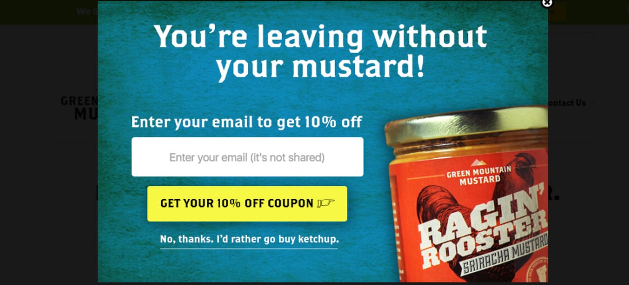 Esprili bir mesaj ve %10 indirim içeren Green Mountain Mustard çıkış niyeti pop-up örneği