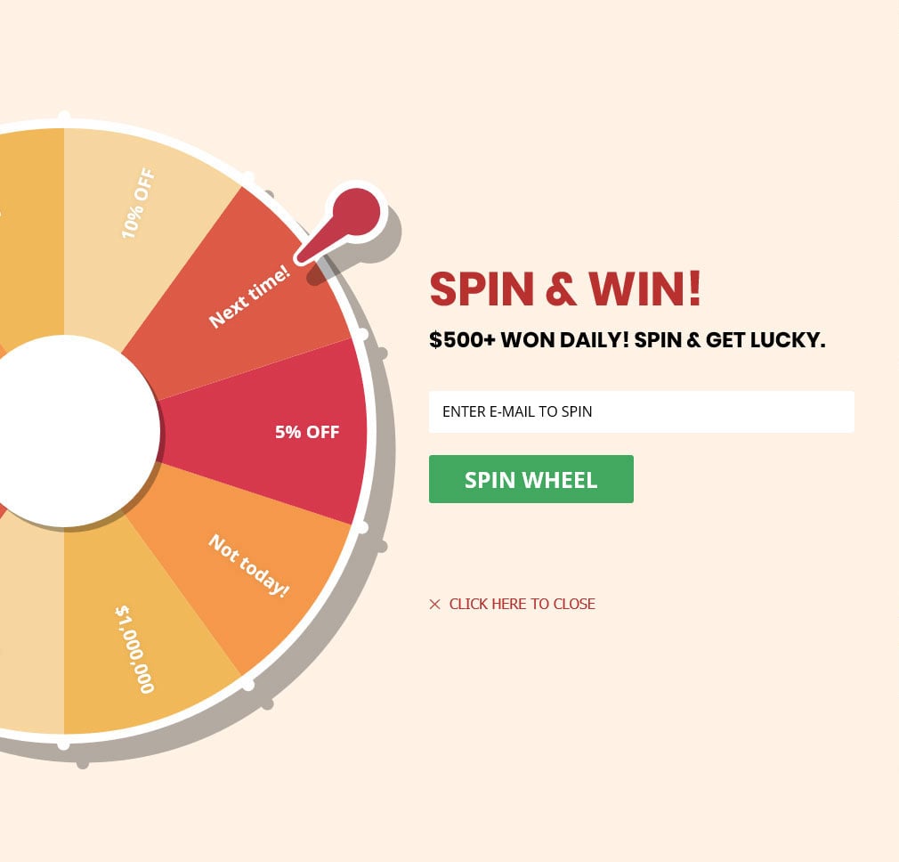 E-posta karşılığında çevrilen bir çark oyunu sunan Zodeys çıkış niyeti pop-up örneği