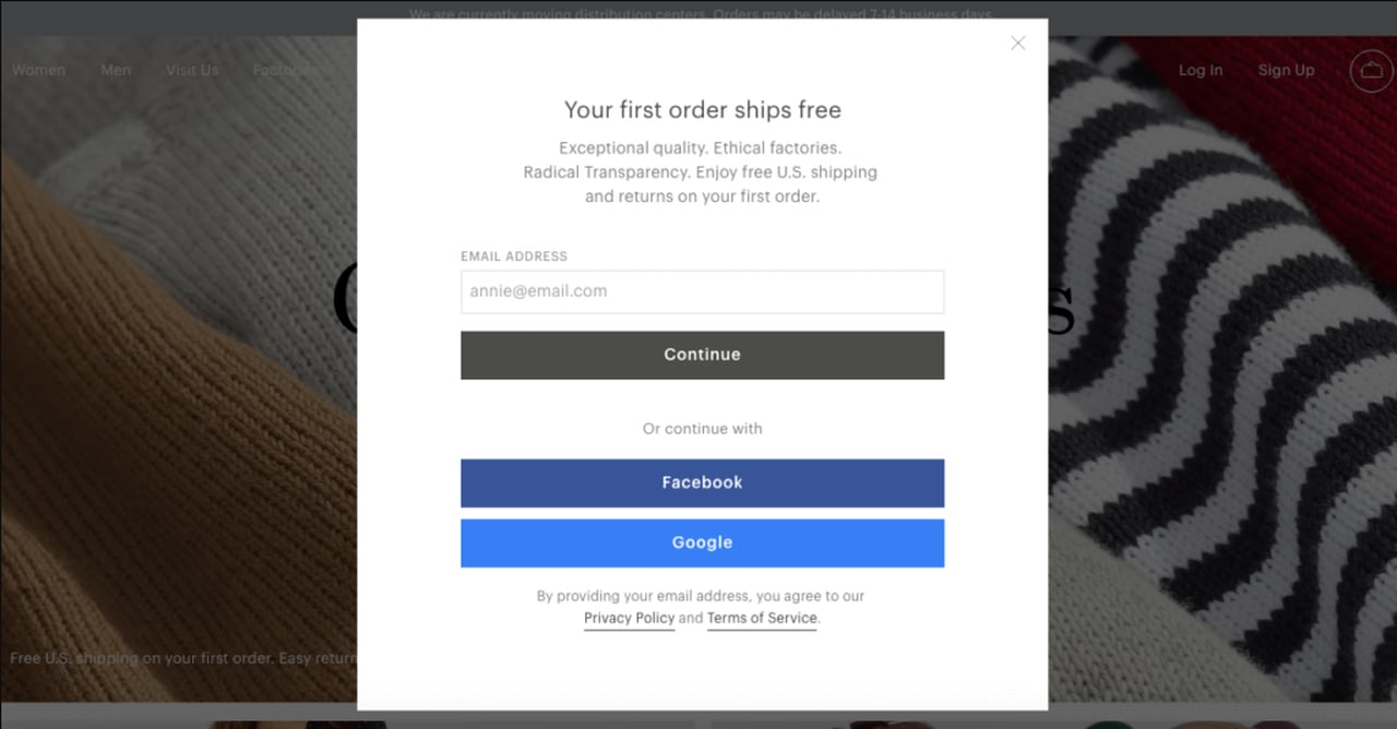 İndirim kodu yerine çerezsiz ziyaretçilere ücretsiz kargo sunan Everlane çıkış niyeti pop-up'ı