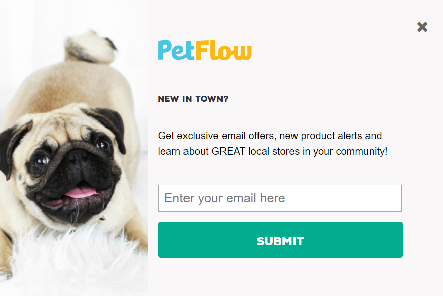 Ziyaretçileri abone olmaya çağıran sevimli bir pug içeren Pet Flow çıkış niyeti pop-up örneği
