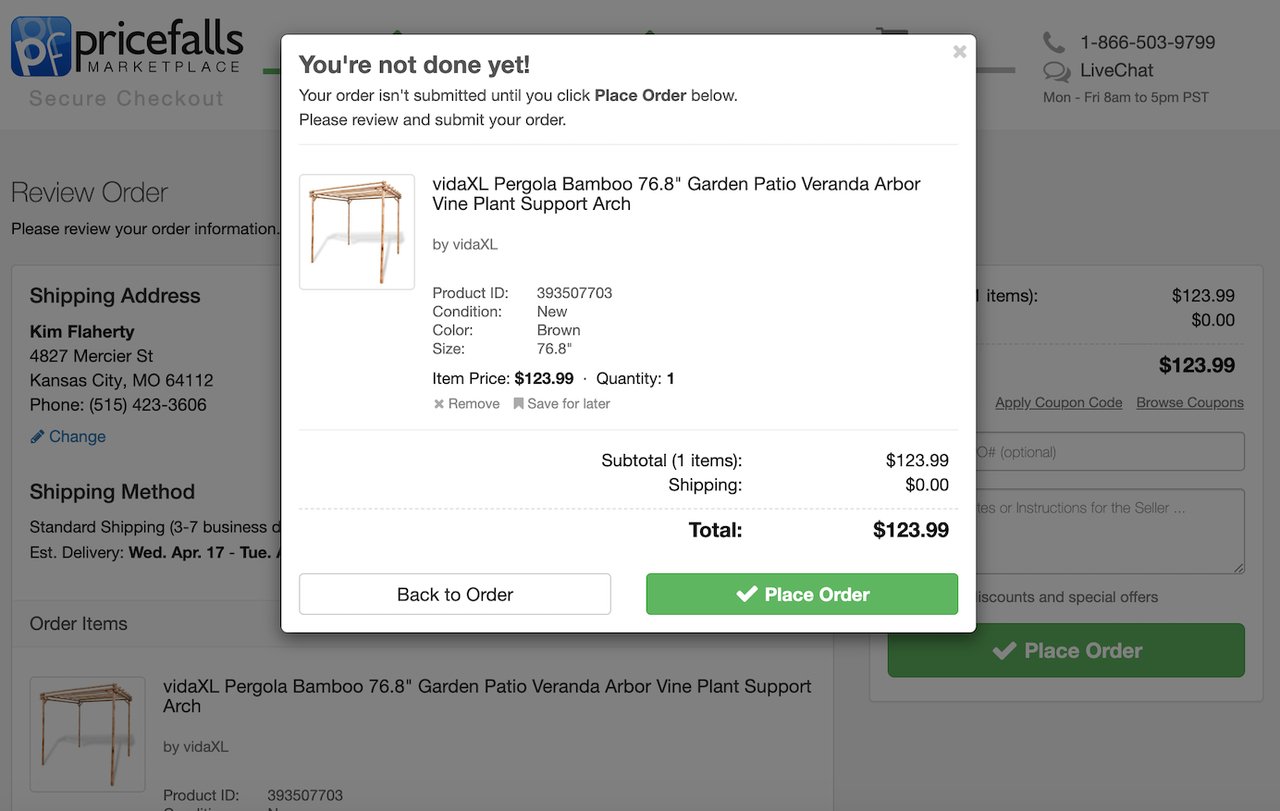 Kullanıcılara siparişlerinin henüz verilmediğini söyleyen Pricefalls çıkış niyeti pop-up örneği