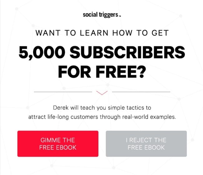 Dönüşümleri artırmak için seçim psikolojisini kullanan Social Triggers çıkış niyeti pop-up örneği