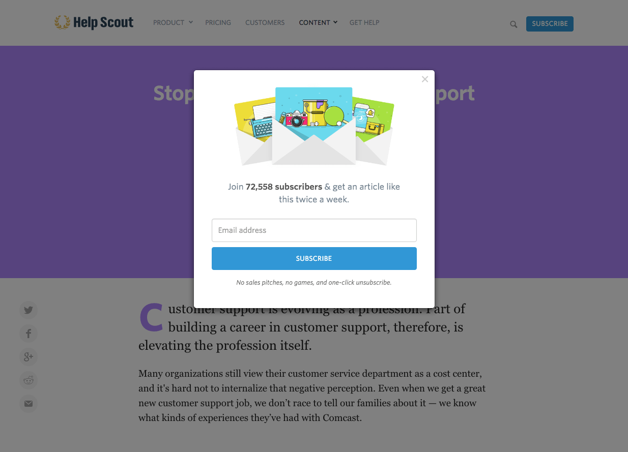 72.588 abone sayısıyla sosyal kanıt kullanan Help Scout çıkış niyeti pop-up örneği