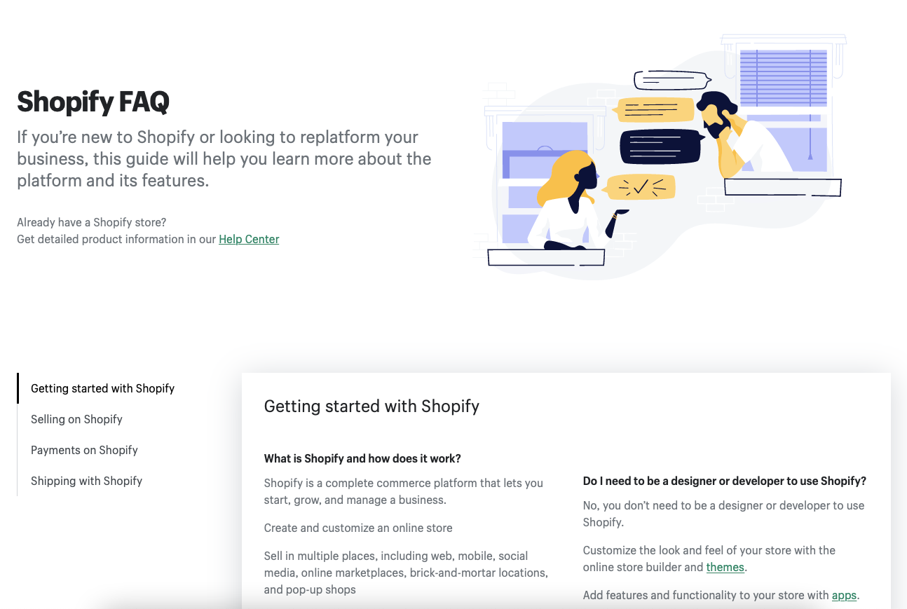 Shopify'nin SSS sayfasının ekran görüntüsü