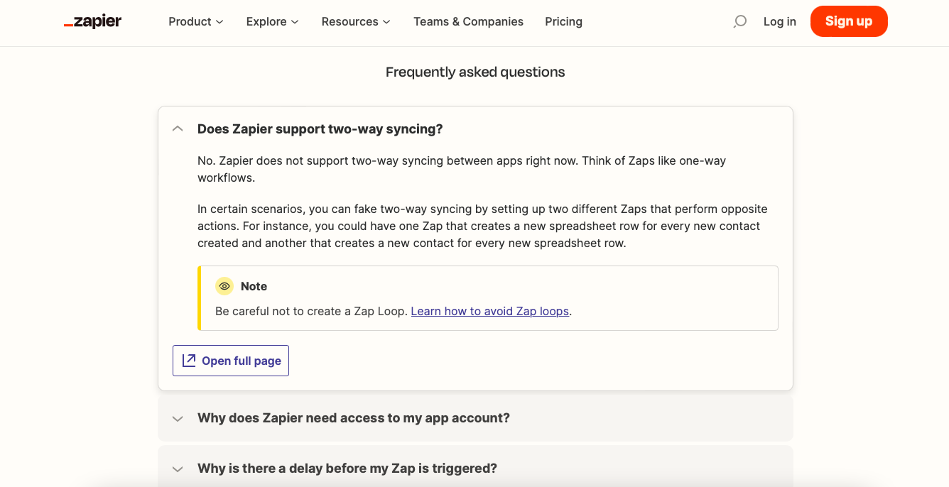 Zapier'in SSS sayfasının ekran görüntüsü