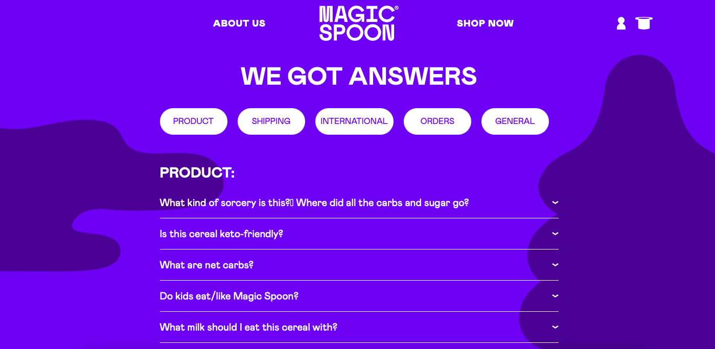 Magic Spoon'un SSS sayfasının ekran görüntüsü