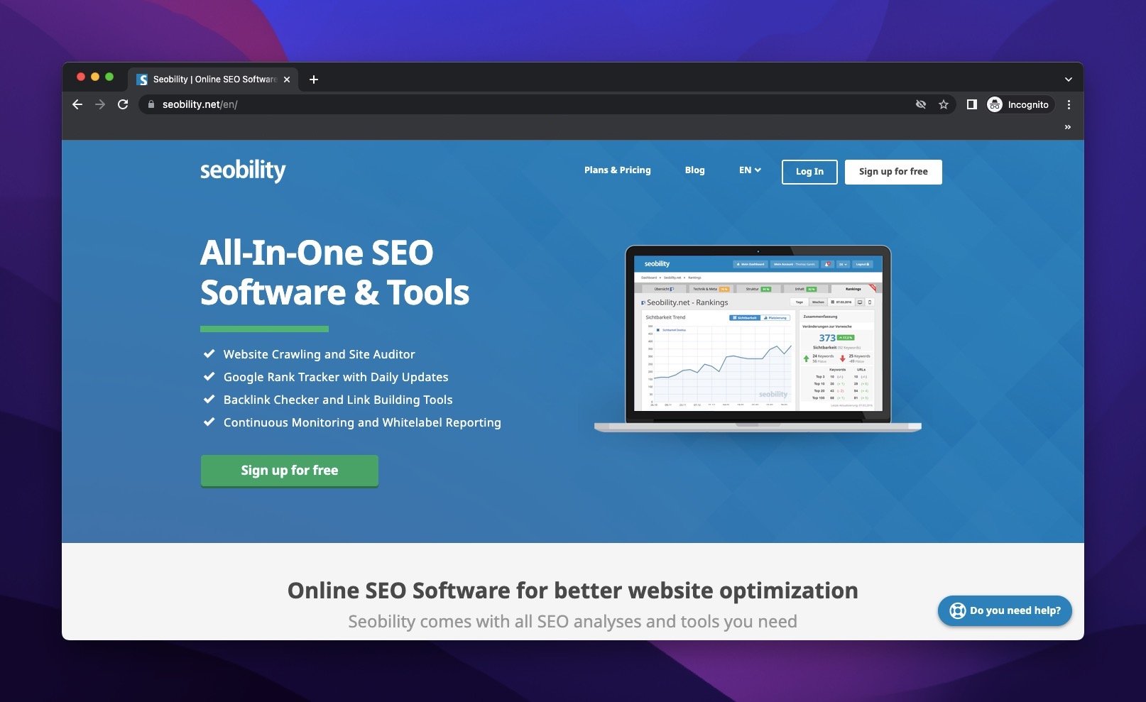bir SEO denetim aracı olan Seobility ana sayfası