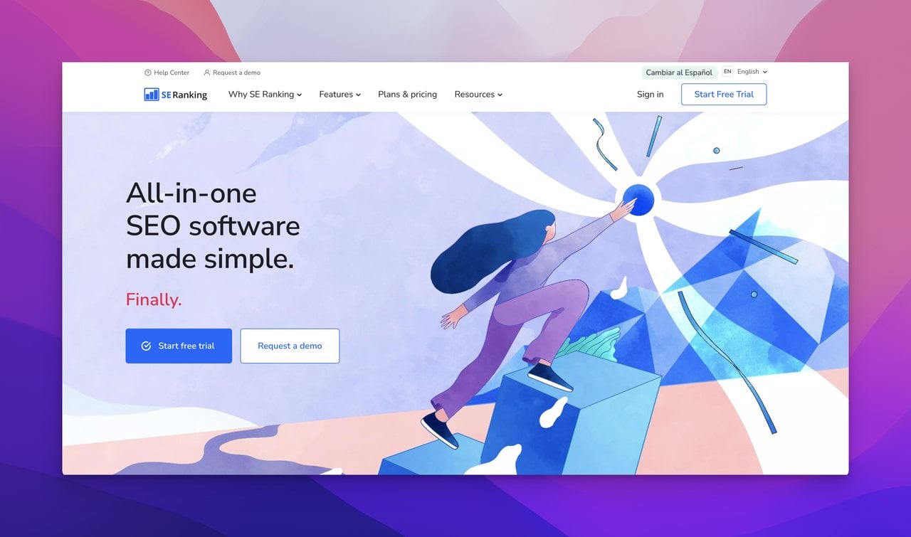 SE Ranking ana sayfası üzerinde "All-in-one SEO software made simple." yazan bir metin olan görsel
