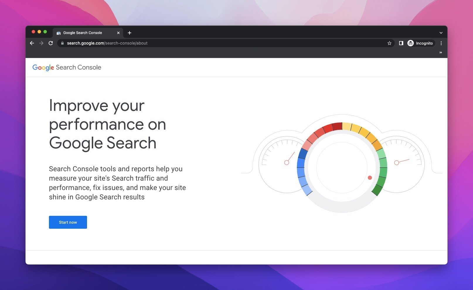 Google Search Console anasayfası, başlamak için CTA düğmesi ile birlikte