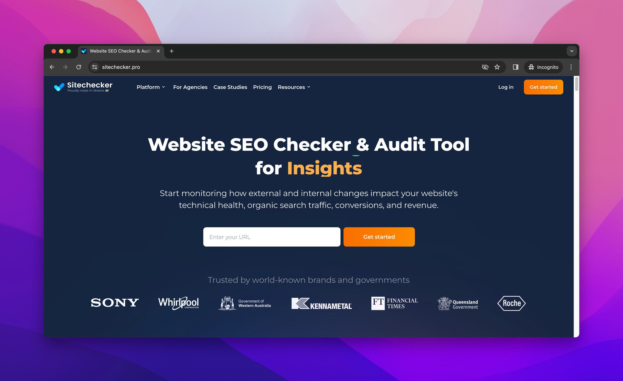 SEO denetim aracı olan Sitechecker'sın ana sayfasının ekran görüntüsü
