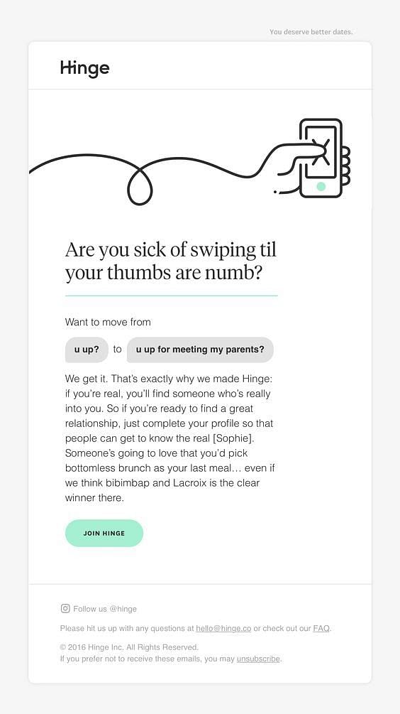 Hinge dating app funny onboarding email example