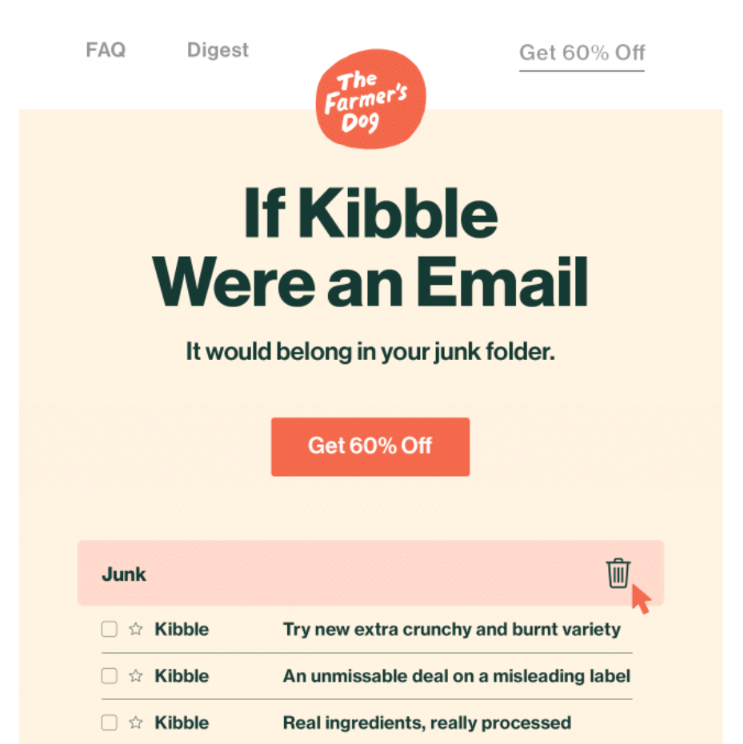 The Farmer's Dog humorous email example with playful copy