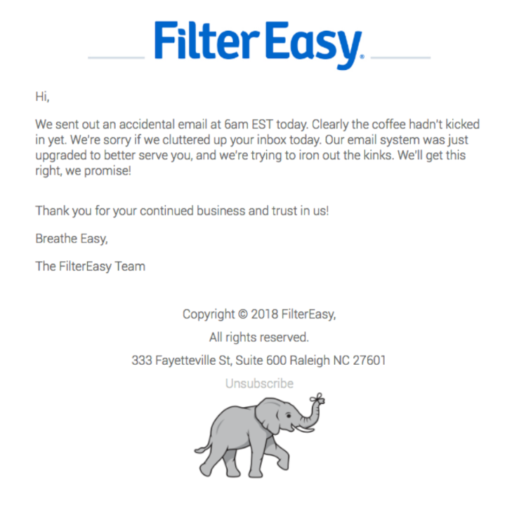 FilterEasy özür e-postası örneği