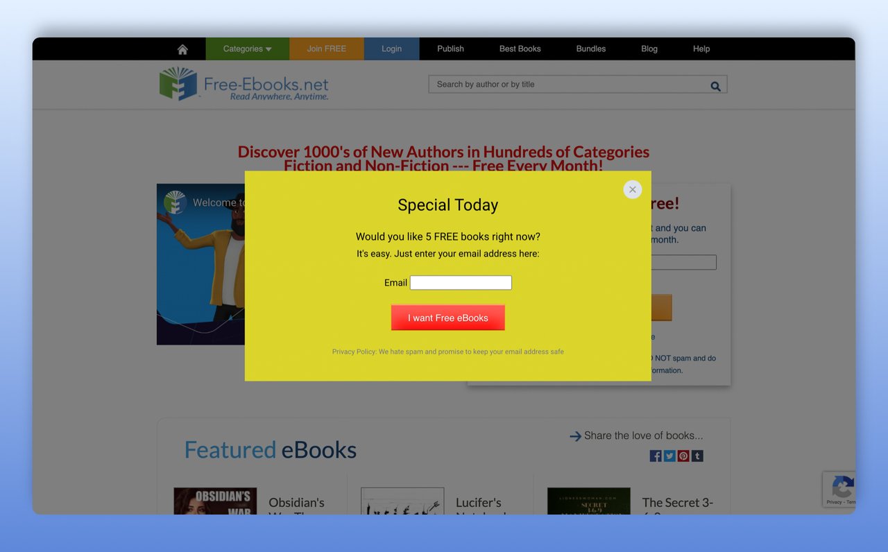 yeşilimsi sarı bir arka planda bir email kutusu ve kırmızı bir düğme ile ücretsiz e-kitap teklif pop-up'ı