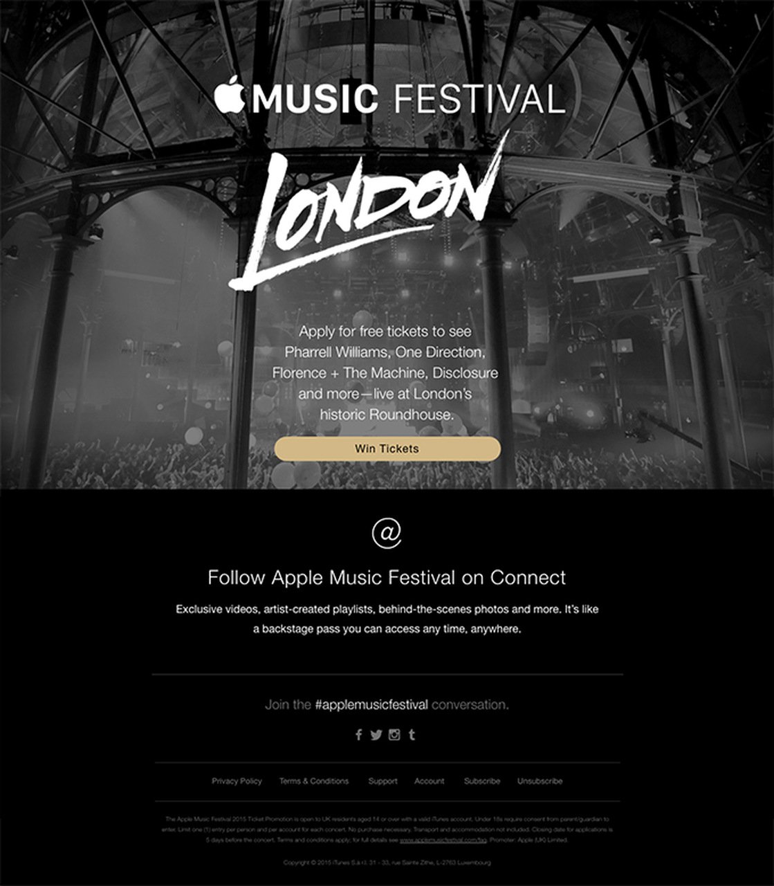 Apple Music festivalinin çekiliş e-postası örneği