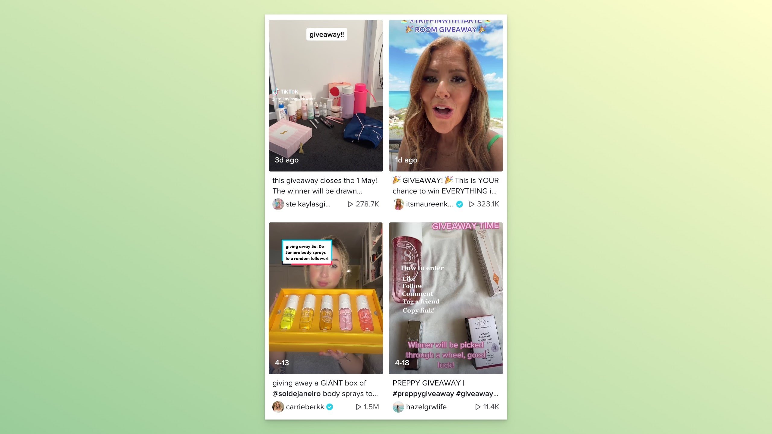 TikTok arama sonuçlarında influencer çekiliş videolarının ekran görüntüsü