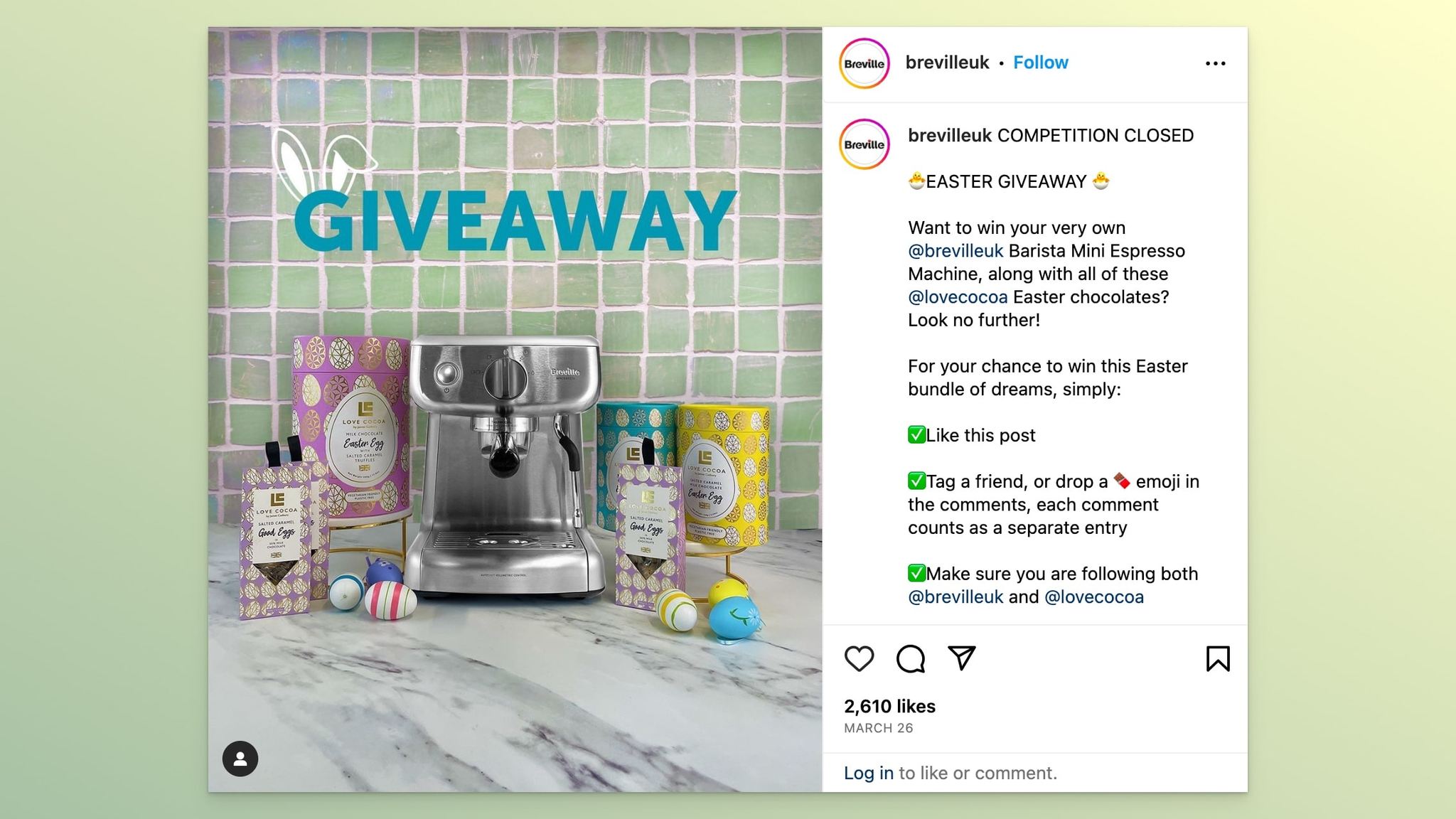 Breville UK's Instagram'da Paskalya çekilişine dair paylaşımı