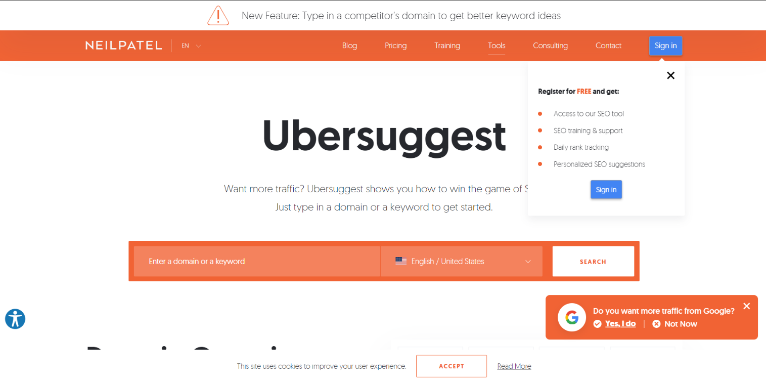 Ubersuggest floating bar with product trial CTA