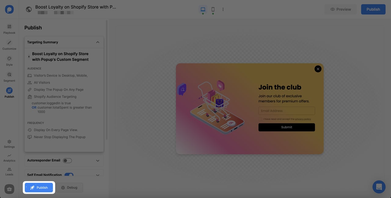 popupsmart shopify sadakat kampanyası yayınlama adımı