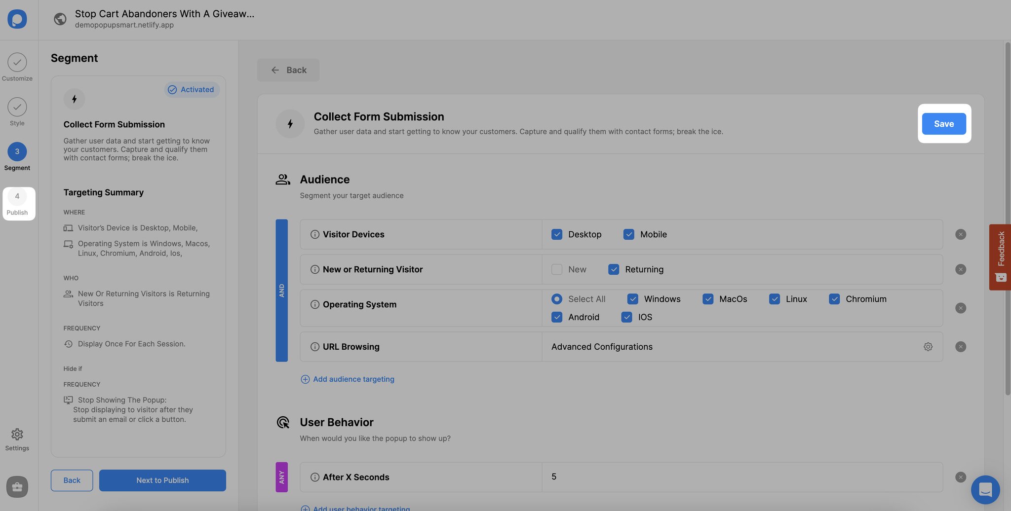 save and publish cart abandonment popup
