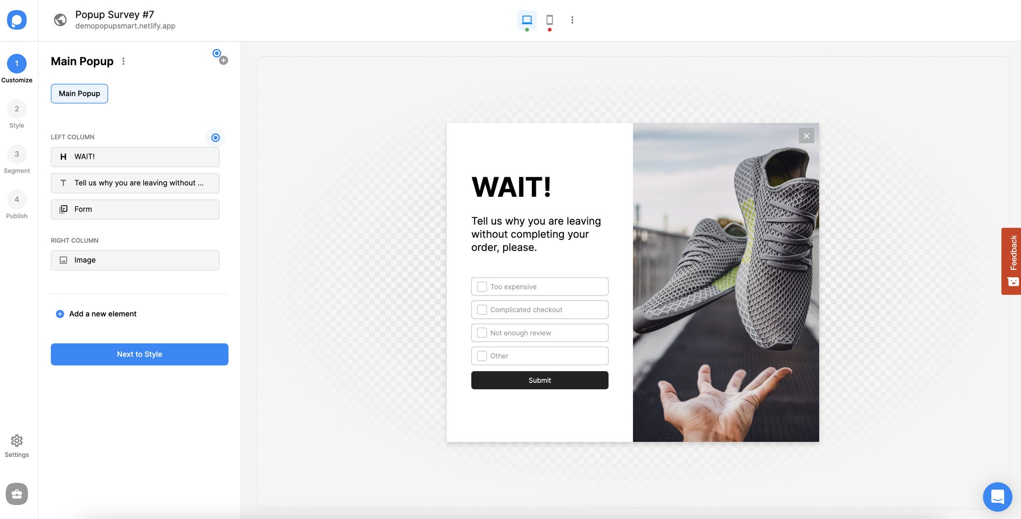 exit-intent anket popup örneği