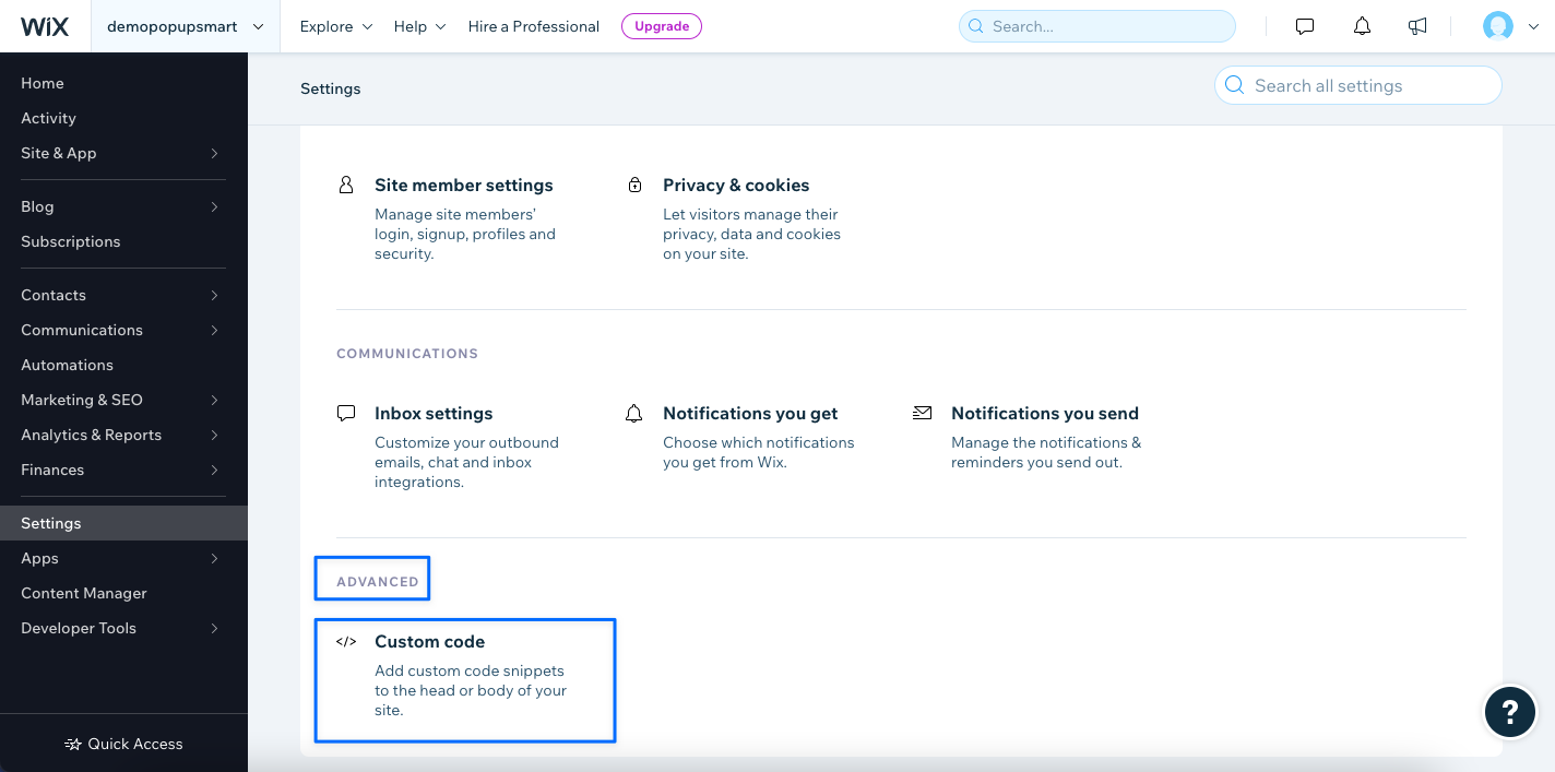 custom code section under the advanced part on wix dashboard