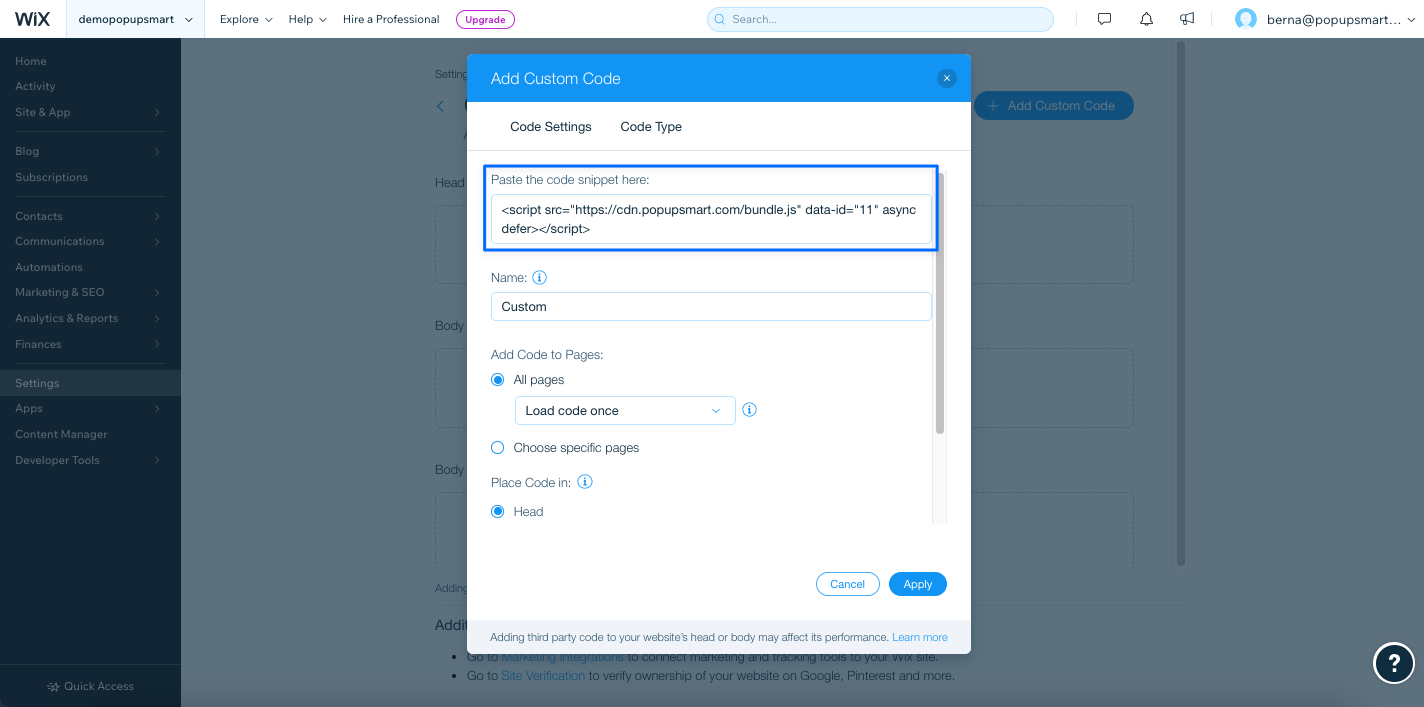 pasting the embed code to the custom code part on wix