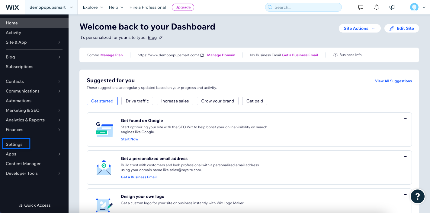 settings part on wix admin panel