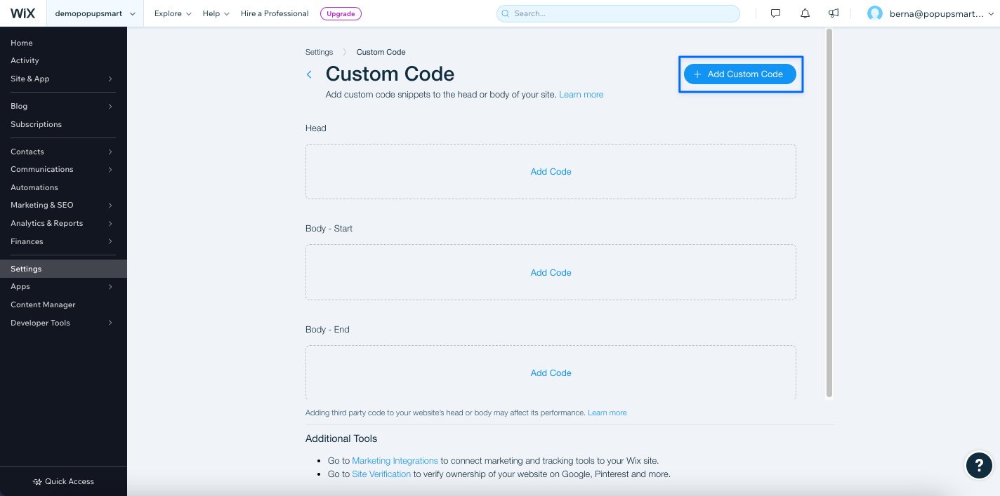 clicking add custom code button on wix