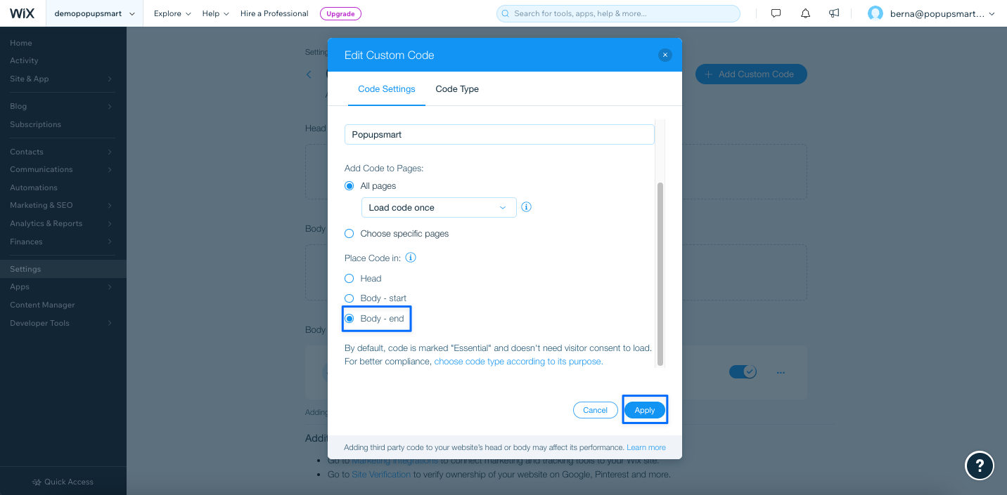 setting custom code to body end on wix