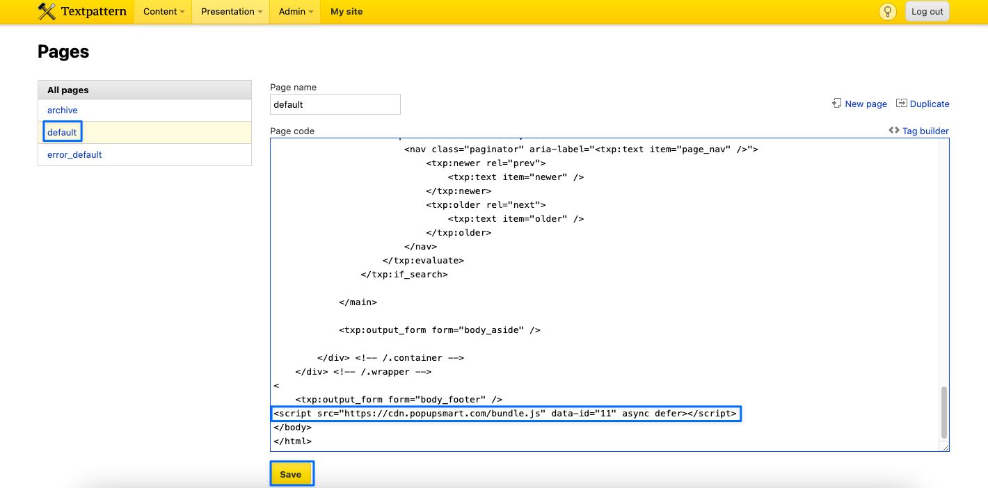 Adding Embed Code to Default Page on Textpattern CMS