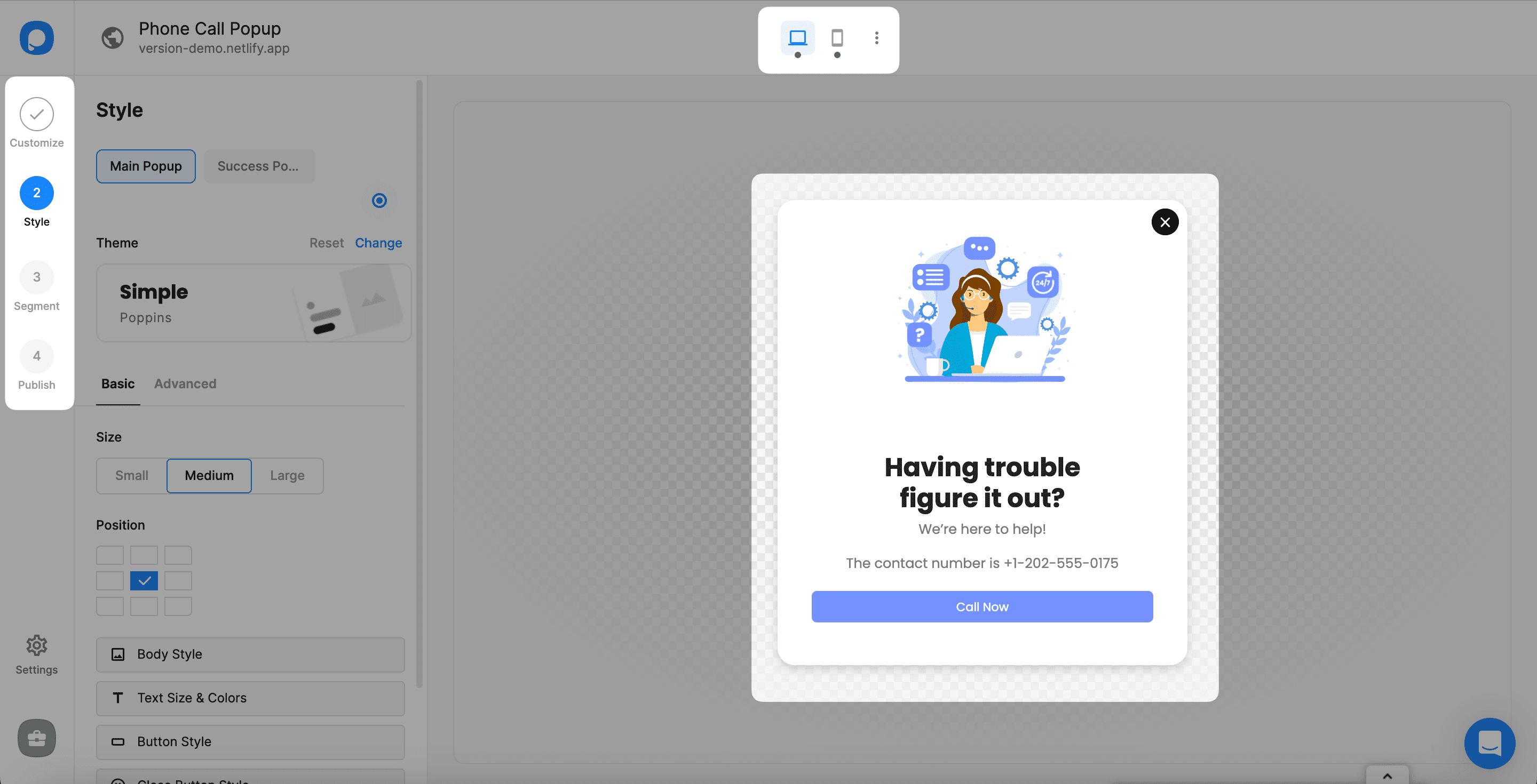pop-up'ın nerede gösterileceği