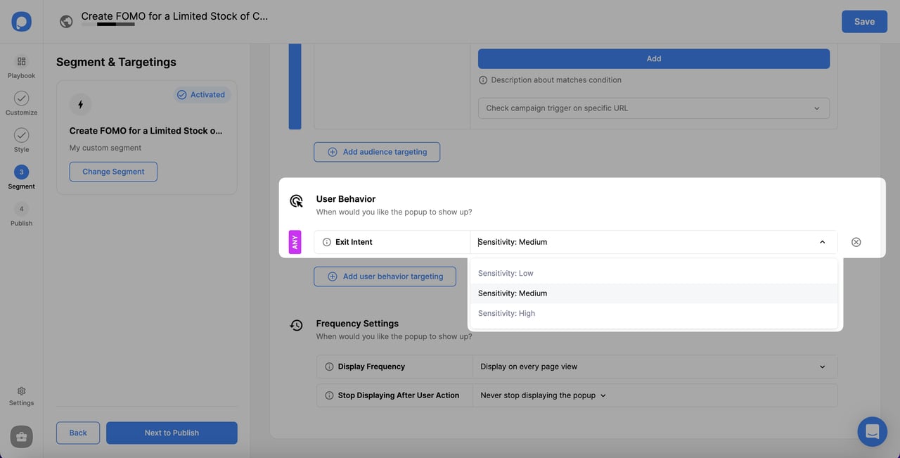 determining sensitivity of exit intent for shopify