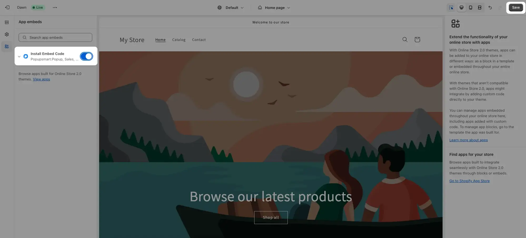 Shopify theme editor active app embed