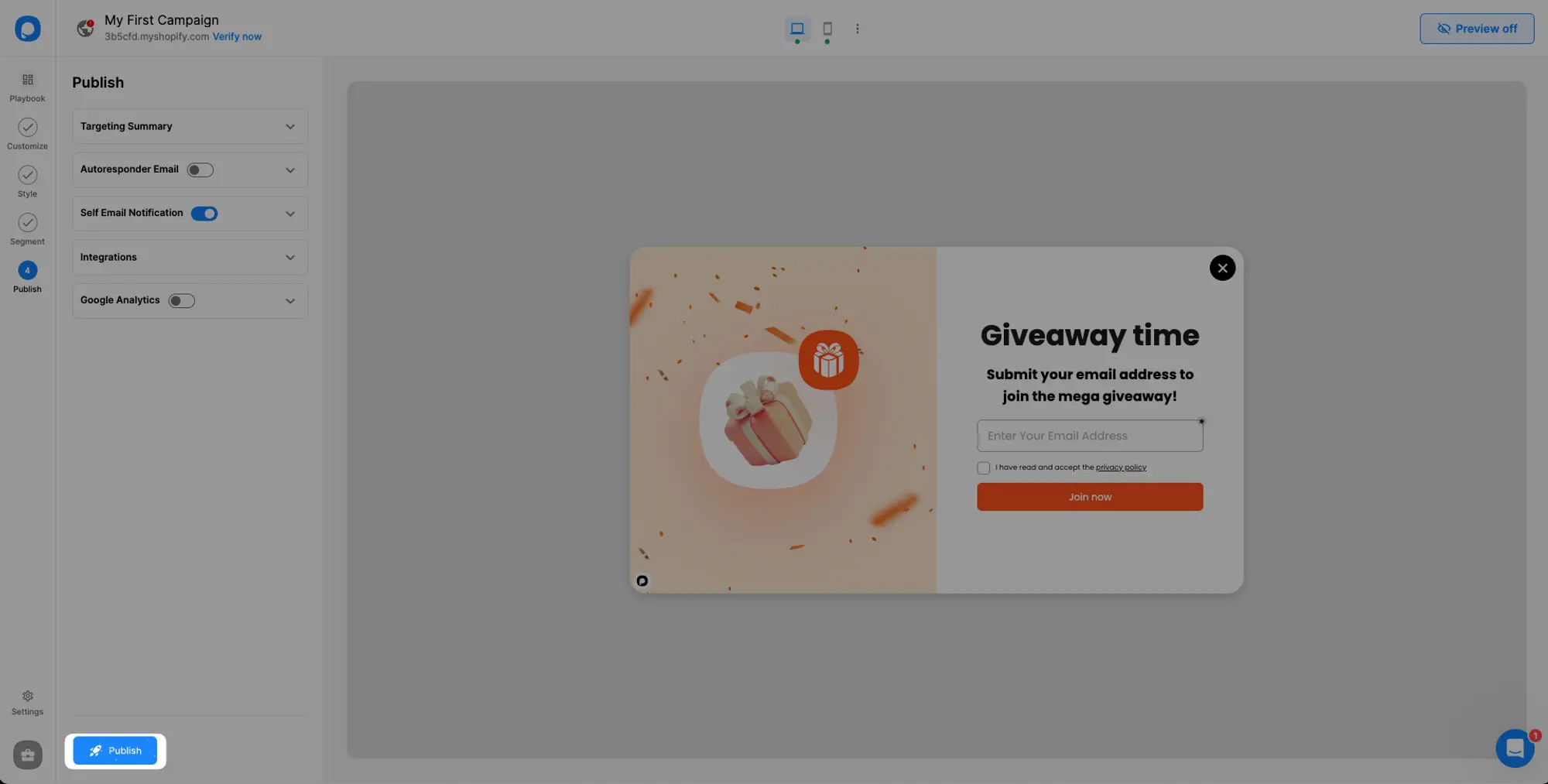 Publish step shopify popup