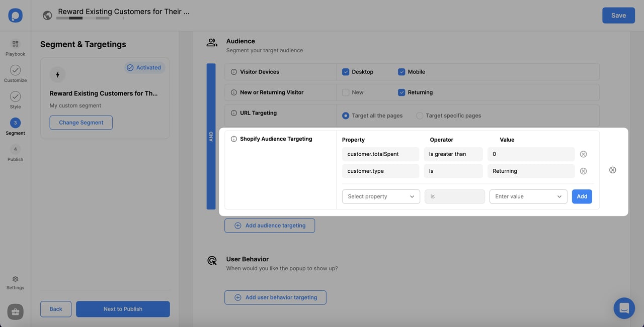 customer type returning arrangement for shopify campaign