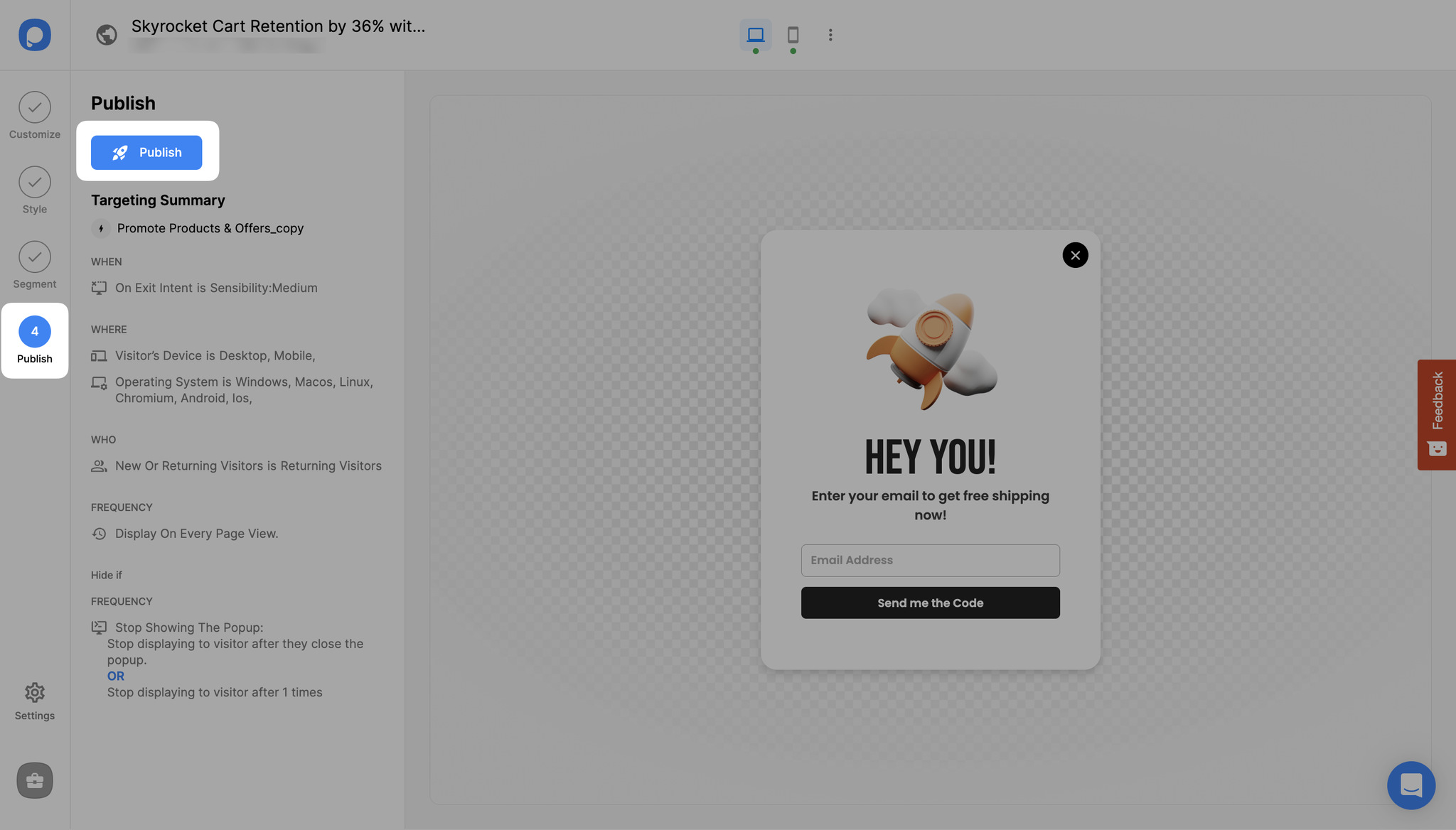  pop-up kampanyası yayınlama adımı