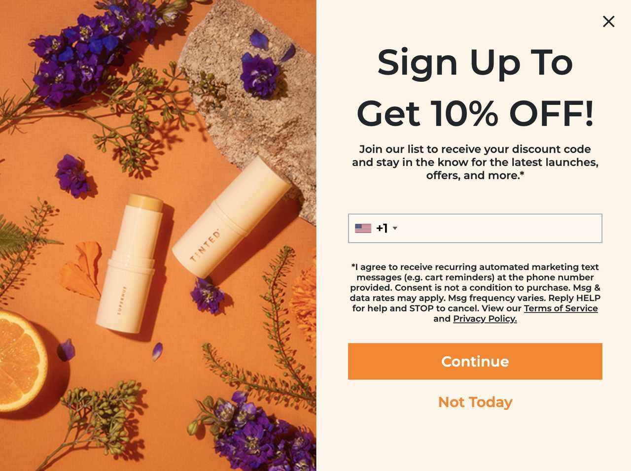 Livetinted SMS popup showing brand products on orange background with sign up to get 10 percent off and phone number field