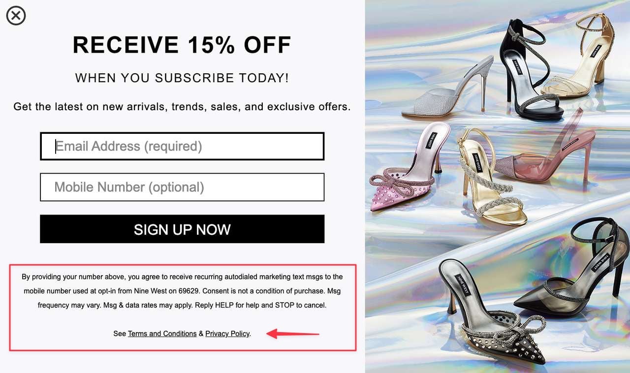 Nine West SMS popup example with shoe images on right and text with SMS phone number field on left followed by sign up now button