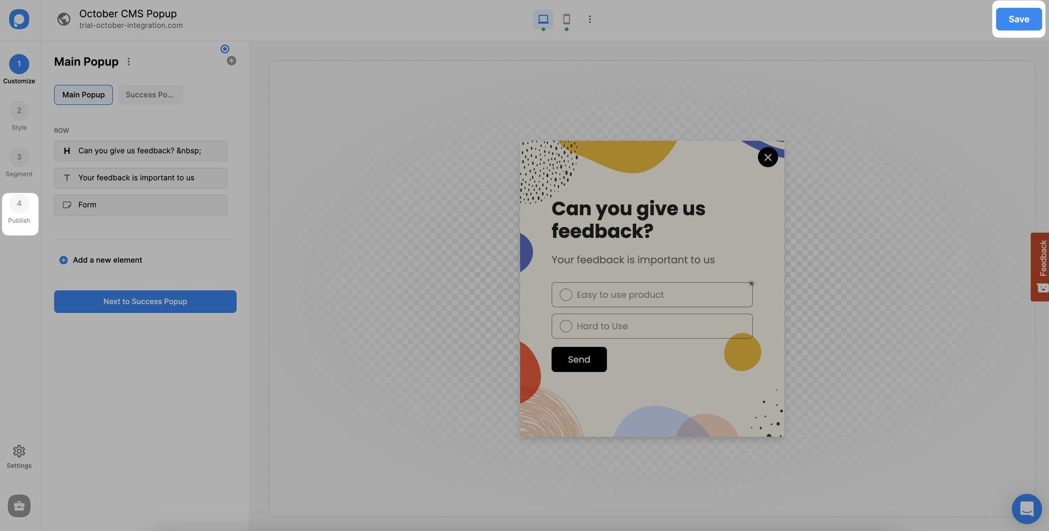 Popupsmart kontrol paneli ve October CMS popup'ını kaydetme ve yayınlama seçeneği 