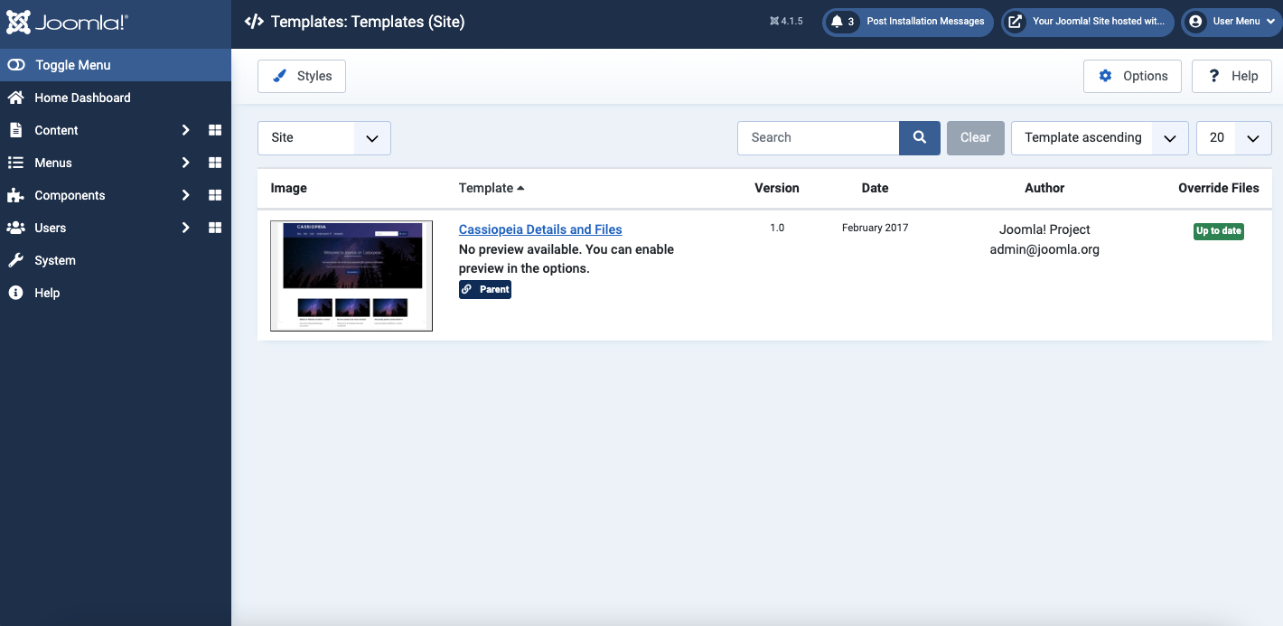 templates page on joomla