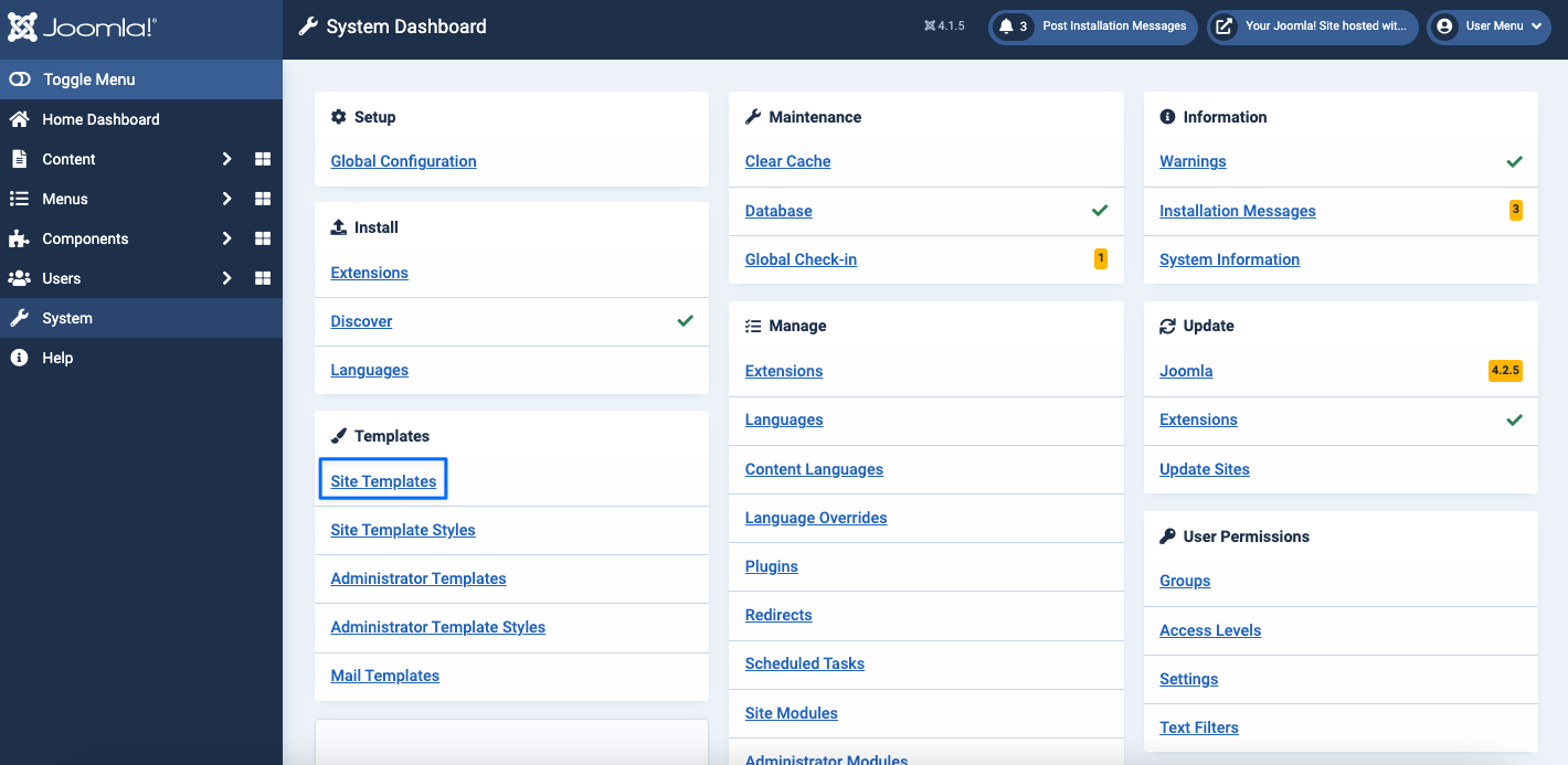 site templates section on joomla