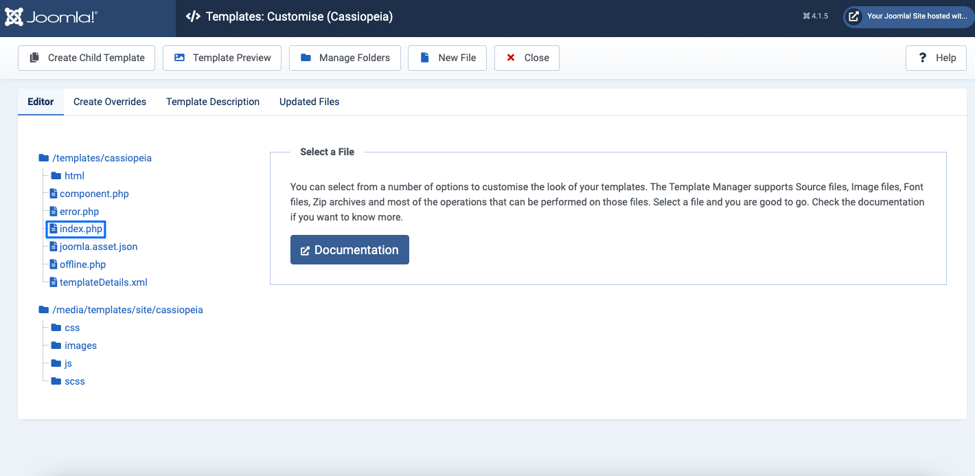 Selecting index.php in the Joomla template files