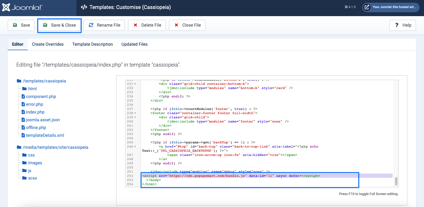 adding popupsmart embed code on joomla