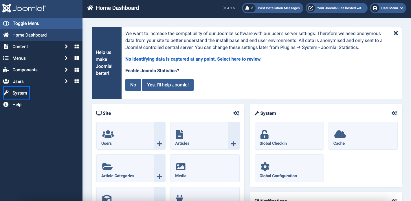 joomla system section